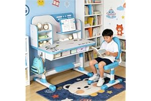 toilmua Kids Desk and Chair Set for 3-12, Adjustable Height Study Table Chair with Storage Drawers, Bookstand, Widened Deskto