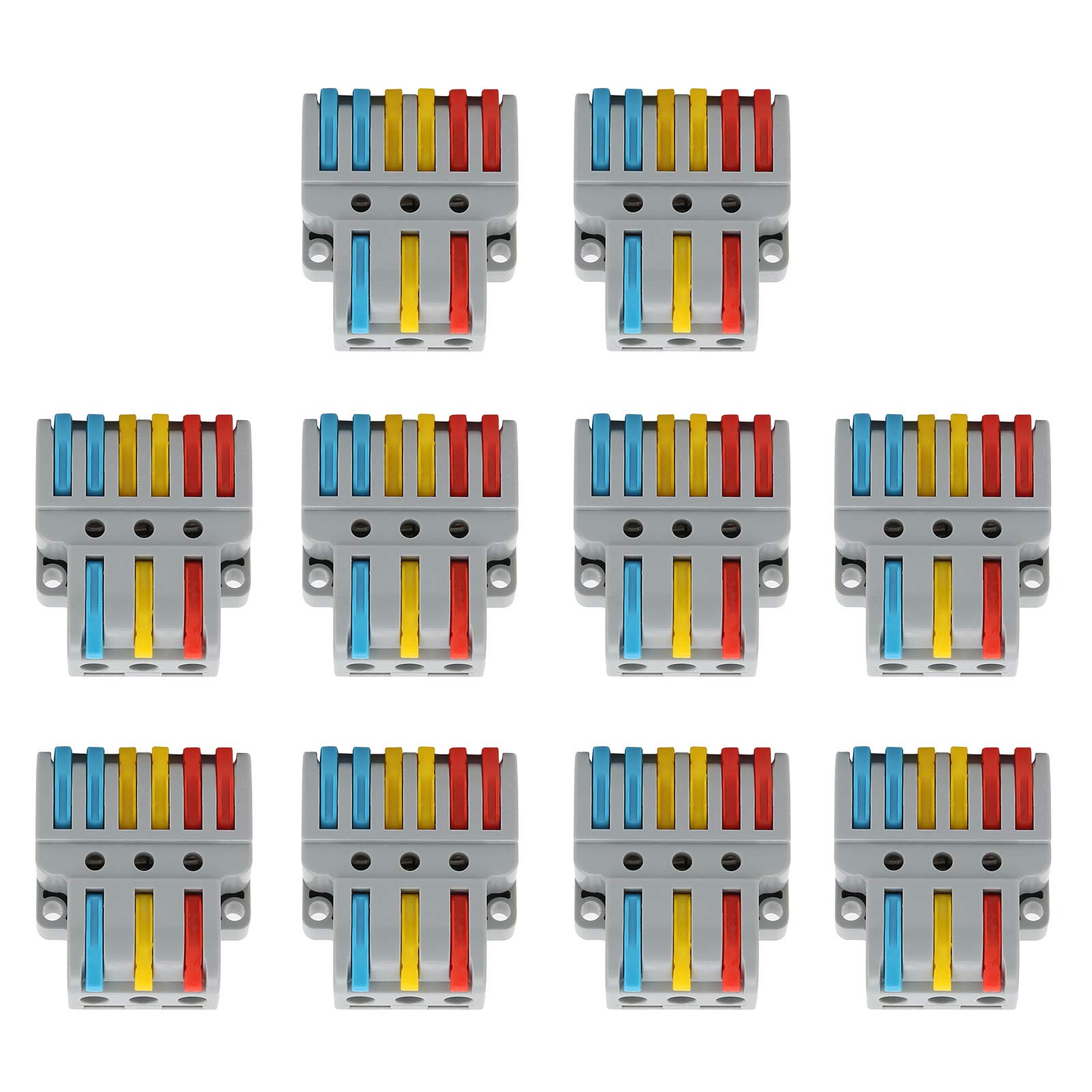 Fafeicy 10Pcs LT‑633 Wire Block Clamp Terminal, 3‑in‑6‑out Quick Wiring Electrical Connectors, 11~12mm Stripping Length, 250V 32A Compact Wire Connectors Multicolor Lever