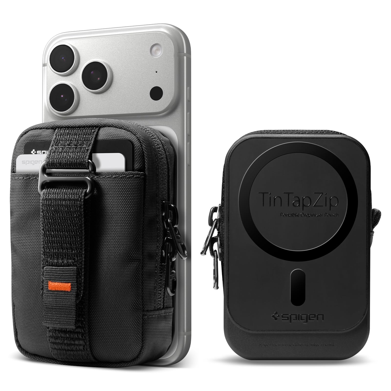 Spigen Magnetic Pouch Organizer EDC SSD Card Storage Wallet Belt Backpack Clip Designed for MagSafe & Pixelsnap, iPhone 17/16/15/14/13/12, Pixel 10 Series & More - Black (Tintap Zip)