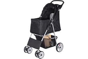 BBBuy 4 Wheels Foldable Pet Dog Cat Jogger Stroller Travel Carrier Strolling Cart w/Waterproof Cover Storage Basket Cup Holder & Removable Liner for Medium Small Cat Dog, Black