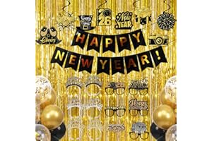 HEYPRIIL New Year Eve Party Supplies 2026, Happy New Year Decorations Banner Headbands Glasses Hanging Swirl 2026 Foil Balloons Gold Fringe Curtain for NYE Decorations