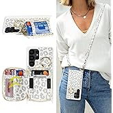 Hamany Crossbody Wallet Case for Galaxy S25 Ultra, PU Leather Zipper Handbag Purse Flip Cover, Kickstand Folio Case with Card Slots Holder Wrist Strap Lanyard -White Leopard