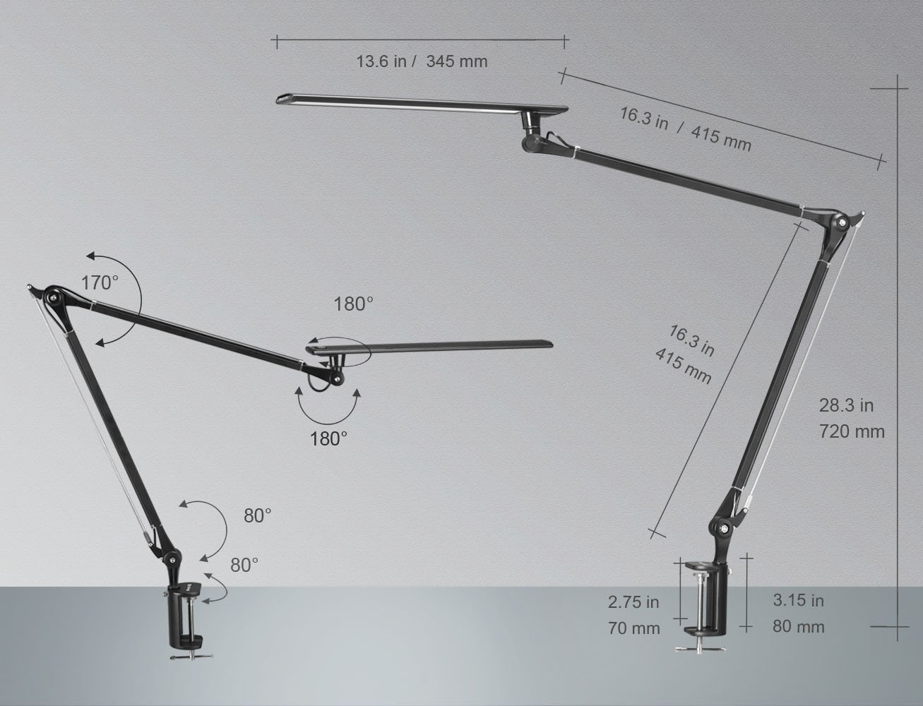 Phive LED Desk Lamp, Architect Task Lamp, Metal Swing Arm Dimmable