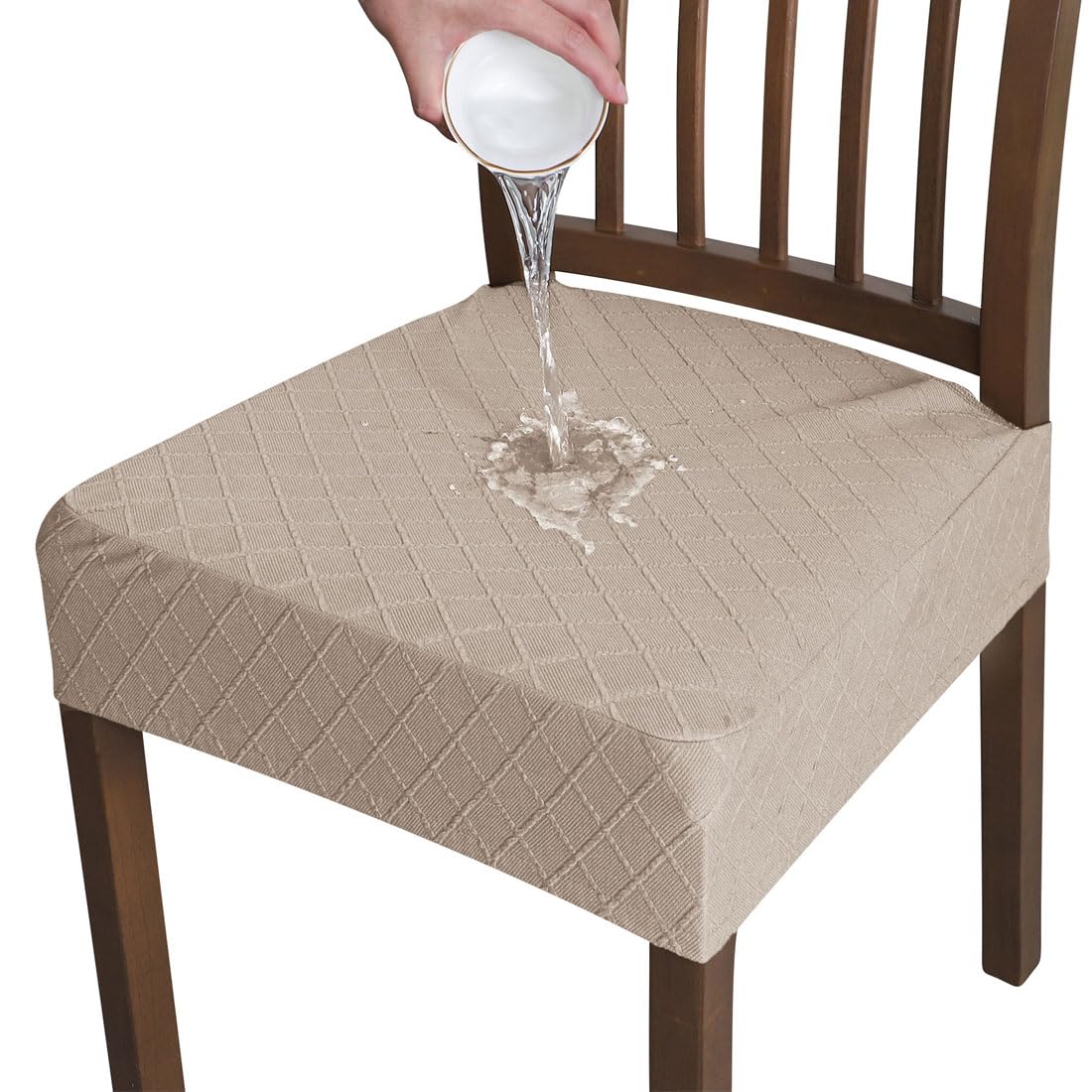 Photo 1 of Buenanir Waterproof Dining Chair Seat Covers Set of 6, Stretch Jacquard Chair Seat Slipcovers Washable Chair Covers Rear-Covered Dining Room Seat Cover Protector Camel