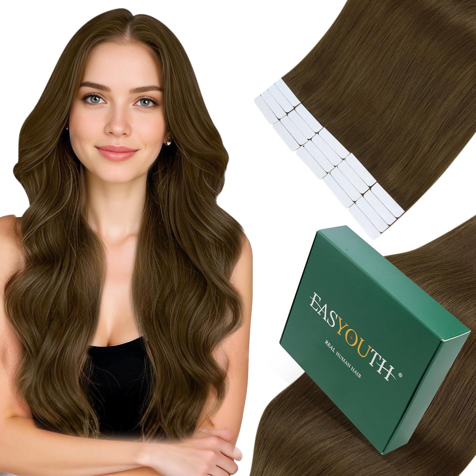 Easyouth Tape in Hair Extensions Human Hair Brown Glue in Extensions Real Hair 20 Inch 50g 20Pcs Invisible Tape Hair Extensions Remy Natural — image 1