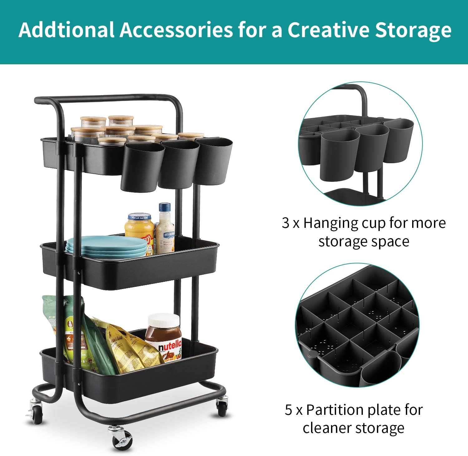 alvorog 3-Tier Rolling Utility Cart Storage Shelves Multifunction Storage Trolley Service Cart with Mesh Basket Handles and Wheels Easy Assembly for Bathroom, Kitchen, Office (Black) : Office Products