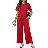 PINSPARK Soft 2 Piece Sets for Women Short Sleeve Matching Lounge Set Wide Leg Pants Tracksuit Travel Summer Outfits 2026