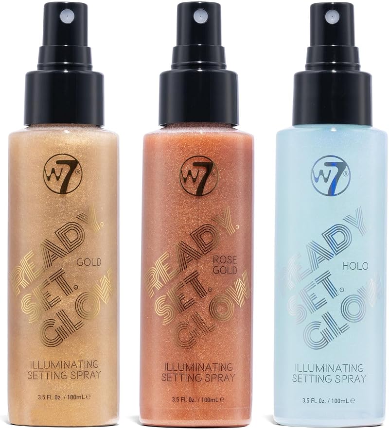 W7 Ready Set Glow Trio 3Pc Makeup Setting Spray Shimmer Finish Long-Lasting