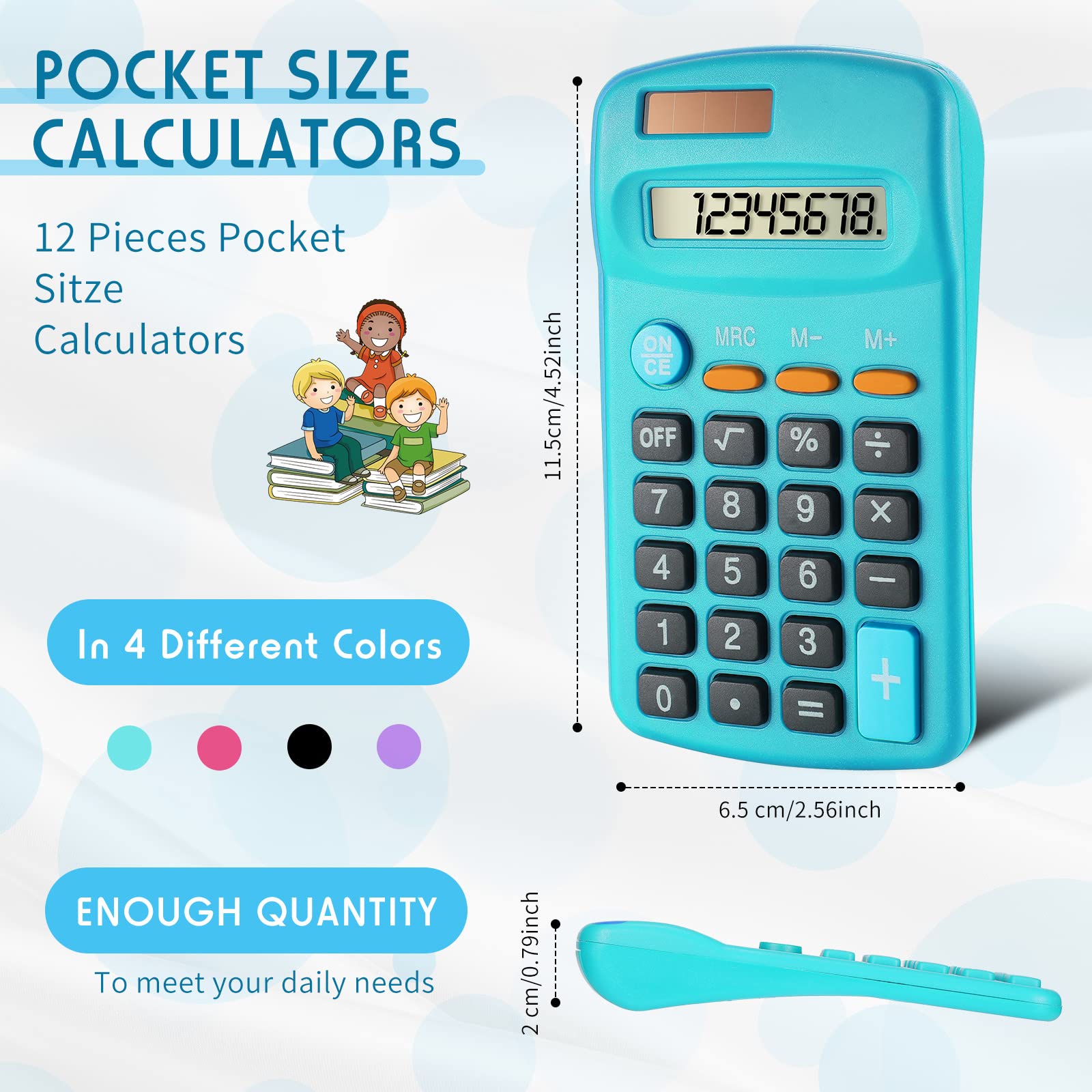 12 Pack Pocket Size Mini Calculator Basic Calculator for Students 8 Digit Display Solar Battery Dual Power Small Desktop Home Office School Students Kids, 4 Colors