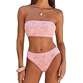 ZAFUL Bikini Set for Women Strapless Textured Bandeau Bikini Two Piece Swimsuit Lace up Bathing Suits