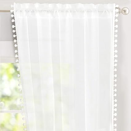 Driftaway Laura Pom Pom Trimmed White Voile Sheer Window Curtains