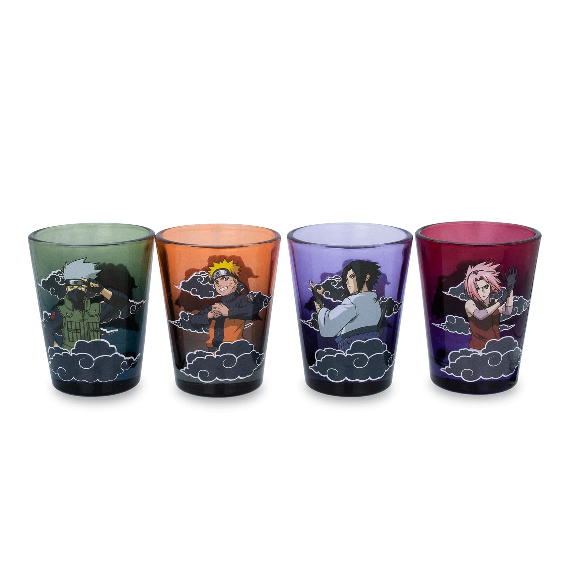 Just Funky Official Naruto Shippuden Collectible Mini Drinking Decorative Tequila Shot Glasses Gift Set of 4, 2 Oz Glass