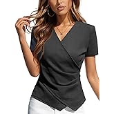 Women's V Neck Wrap Top, Short Sleeve Ribbed Knit Cross Wrap Ruched Asymmetrical Slim Fit Dressy Blouse