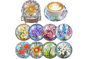 ijbnhd 8 PCS Flowers Diamond Art Coasters Diamond Painting Coasters Kits with Holder Flowers DIY Coasters for Beginners, Adults, Diamond Art Crafts Supplies (Cork Wooden Pad)
