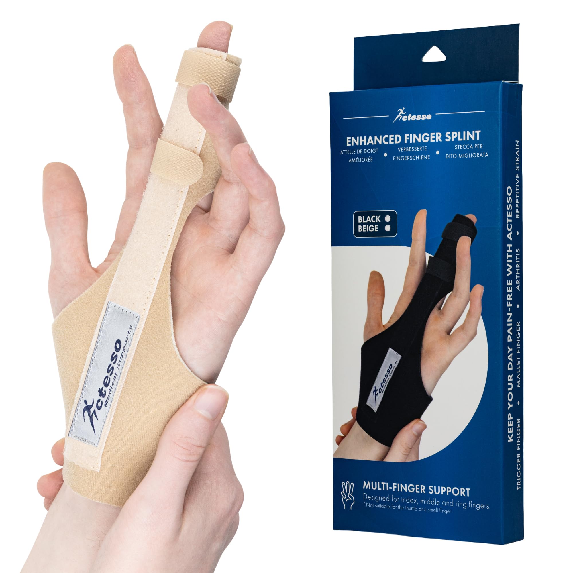Actesso Enhanced Broken Finger Splint - Support for Trigger, Mallet, Arthritis, RSI (Repetitive Strain Injury), Small Middle Index Ring (One Size, Beige)
