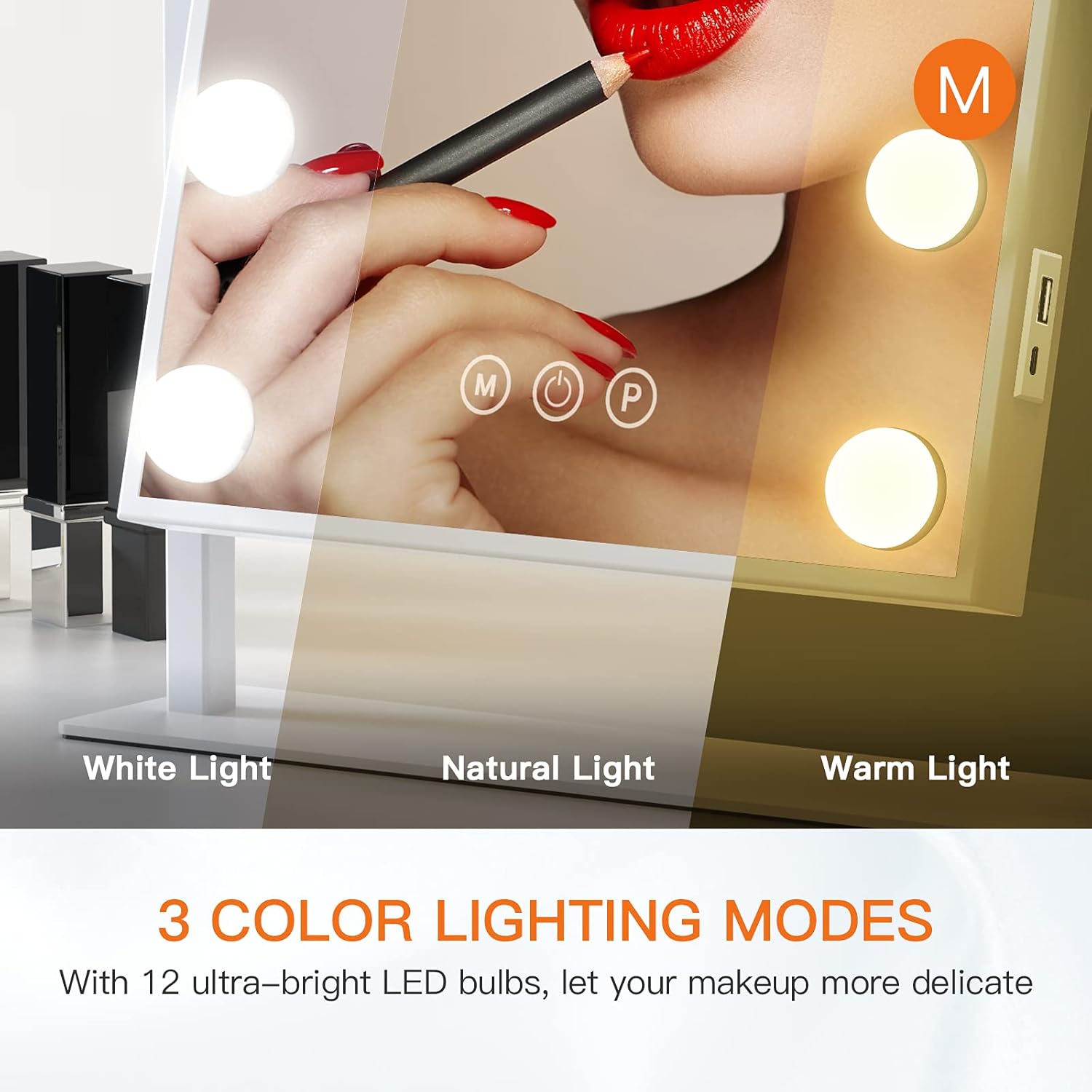 Gospire Hollywood Lighted Makeup Mirror with 12 LED Dimmable Bulbs 3 Color Modes 1X/10X Magnification Touch Control Vanity Mirror Large Cosmetic Mirror with USB Charging Ports -