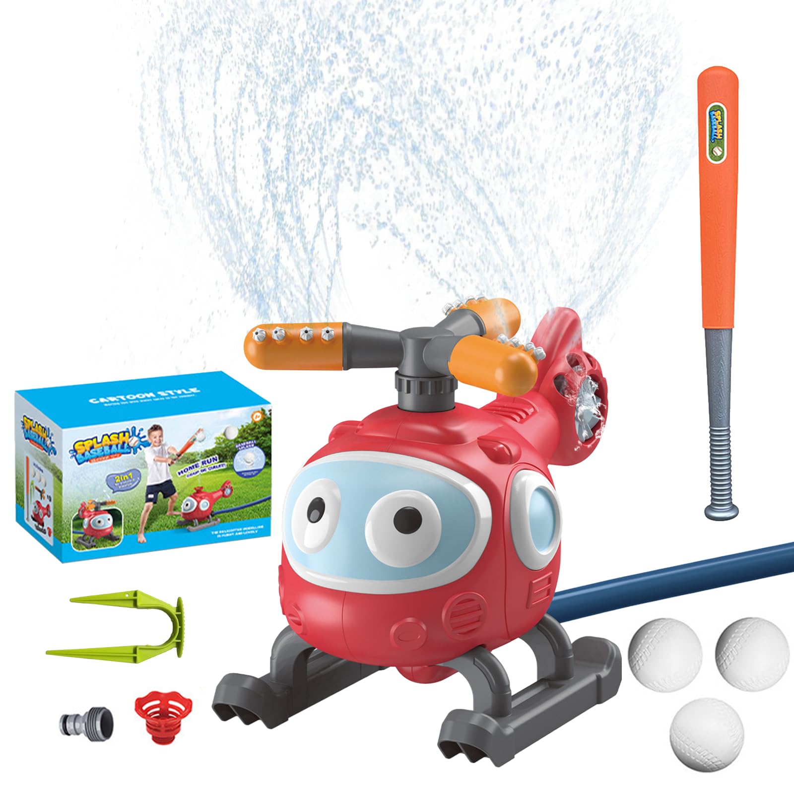 2 In 1 Water Sprinkler Baseball Toy for Kids Airplane Outdoor Sprinkler with Baseball Set Cute Outdoor Sprinklers to Garden Hose, Summer Outside Toys Garden Backyard Lawn Splashing Fun Toys