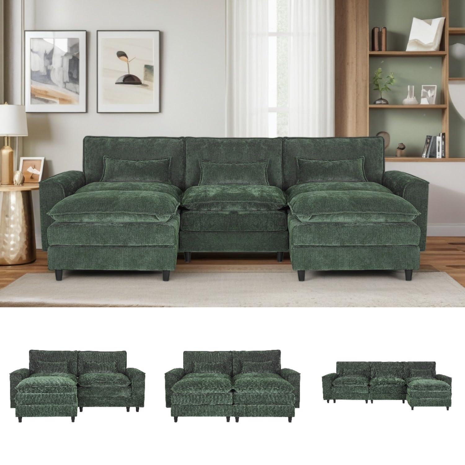 Photo 1 of **MIDDLE ONLY**Trygoal U Shaped Modular Cloud Couch, Convertible Sectional Couches Sofa with 2 Ottoman, 3 Seater Modular Sectional Deep Seat Sofa, for Living Room, Apartment, Green