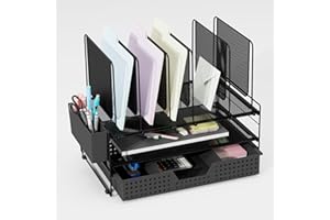 LEKETREE Desk Organizer, Office Organization with Vertical File Holder, File Organizer with Drawer and Pen Holder, Desk Accessories and Workspace Organizers for Home Office (Black)