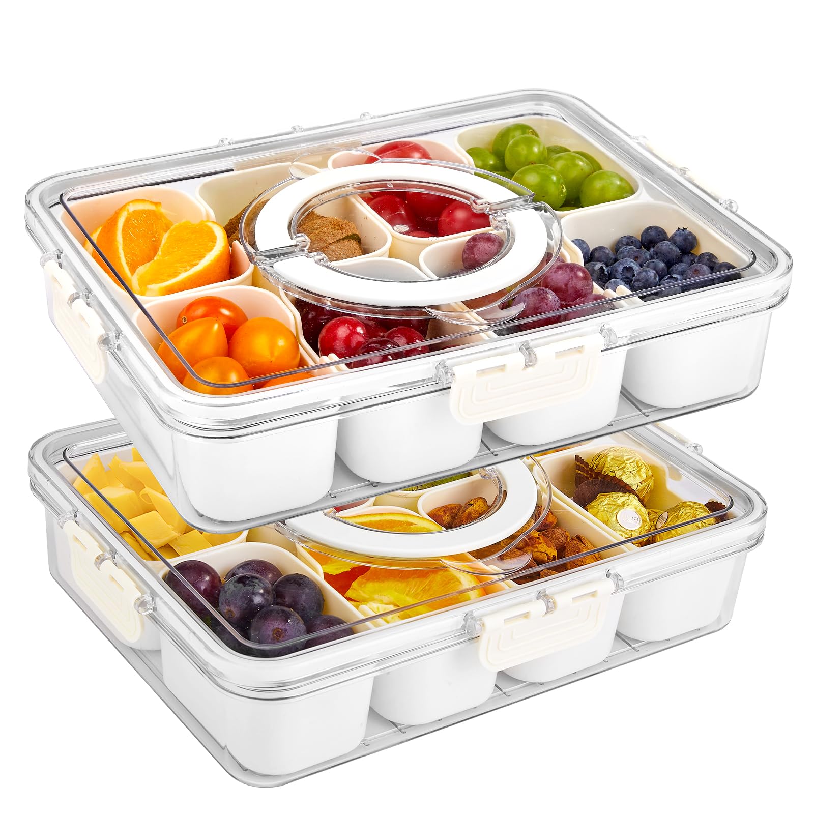 Photo 1 of SOLEJAZZ Divided Serving Tray with Lid and Handle, Snackle Box Container Clear Snack Platters Charcuterie Organizer, Serving Platter Veggie Tray for Candy, Fruits, Nuts, Snacks, 2 Pack