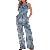 CUPSHE Women's Casual Loose Overalls Jumpsuits High Neck Sleeveless Wide Leg Boho One Piece Rompers With Pockets