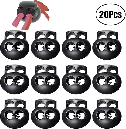20 pcs ressort Cordlock Double Trou Cordon Serrures fin Noir