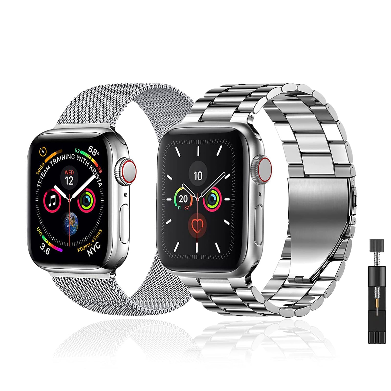 baklon Pack 2 Metal Strap Compatible with Apple Watch Strap 42/44/45/46/49mm, Stainless Steel Replacement Wristband Compatible with iWatch Series Ultra SE 3 2 1 Series 11 10 9 8 7 6 5 4 Silver