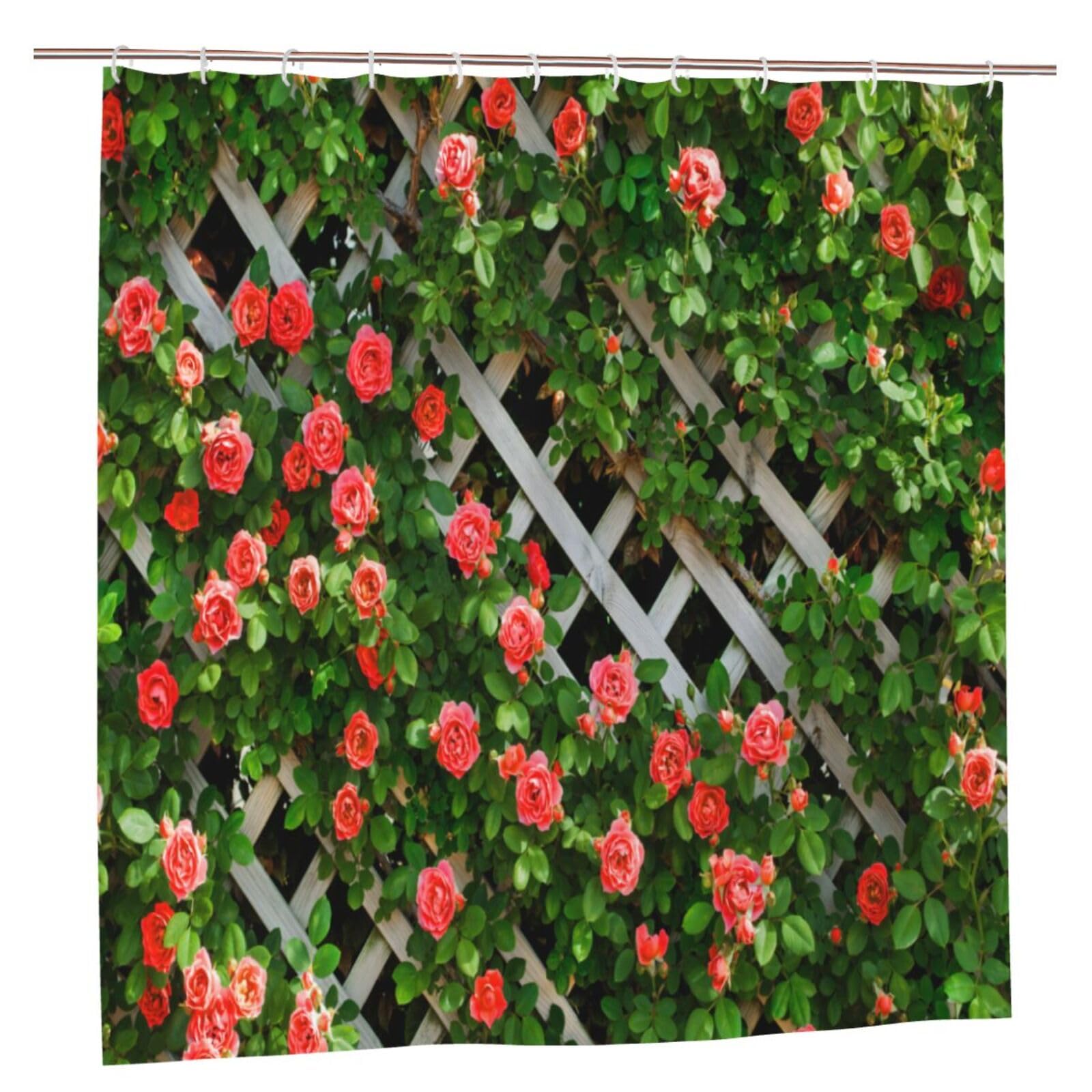 Spring Summer Outdoor Garden Shower Curtain, Rustic Decor Red Roses Flower on Fence, Waterproof Farmhouse Bath Curtain, Bathroom Decor Set with 12 Hooks, 180X200cm/ 71X79 inch