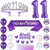 Princess Crown Queen Tiara Rhinestone Headbands & Cake Toppers - Number 11 Helium & Latex Balloons - Purple 11th Birthday Decoration for Girls