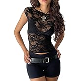 Prytgnsor Women's Sheer Lace Tops Sexy Cap Sleeve Scoop Neck Black See Through Slim Fit T-Shirts Going Out Blouses Streetwear