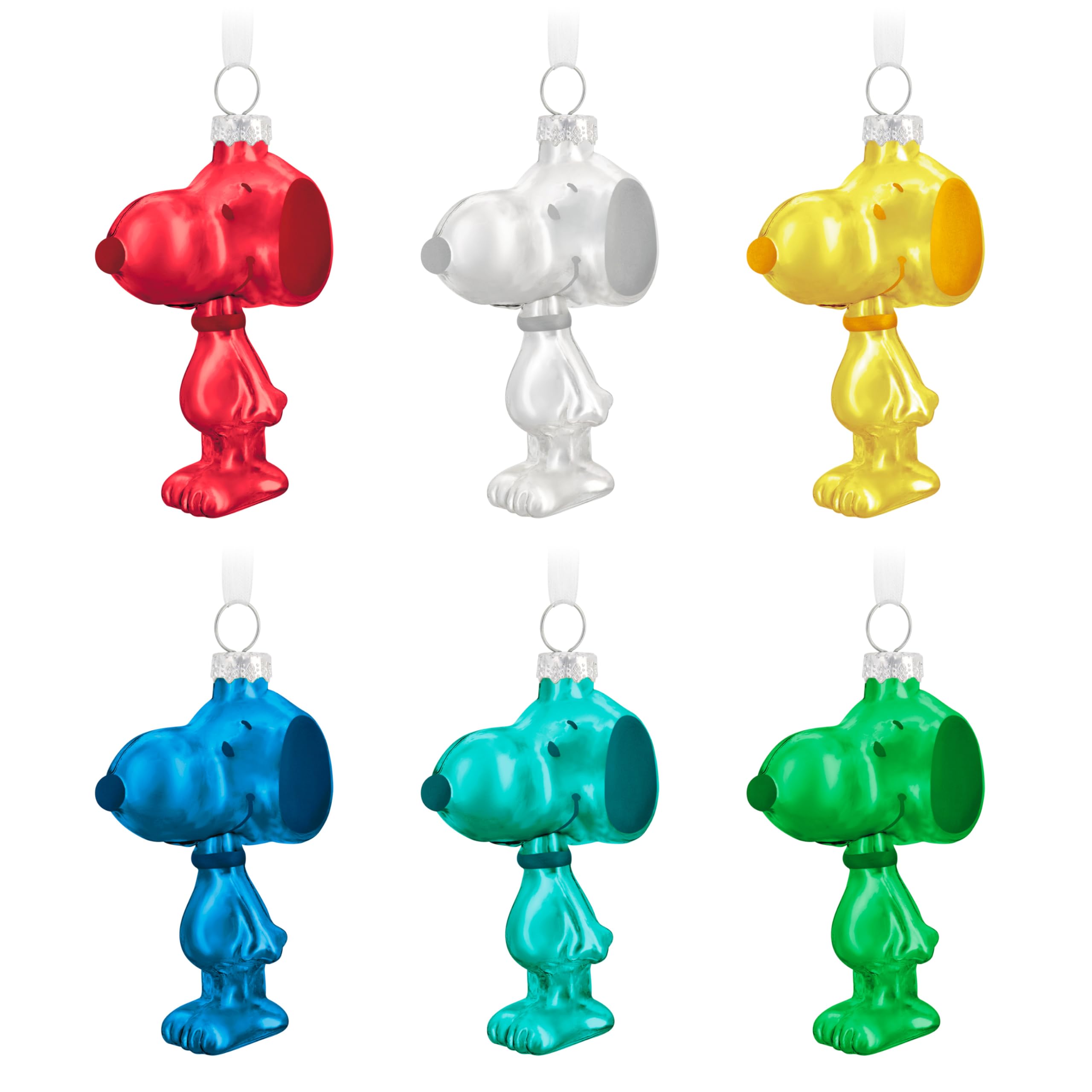 Hallmark Collectable PEANUTS Glass Ornaments, Pack of 6, Colourful SNOOPY Figures, Hanging Ornaments, Christmas, Red, White, Yellow, Blue, Green