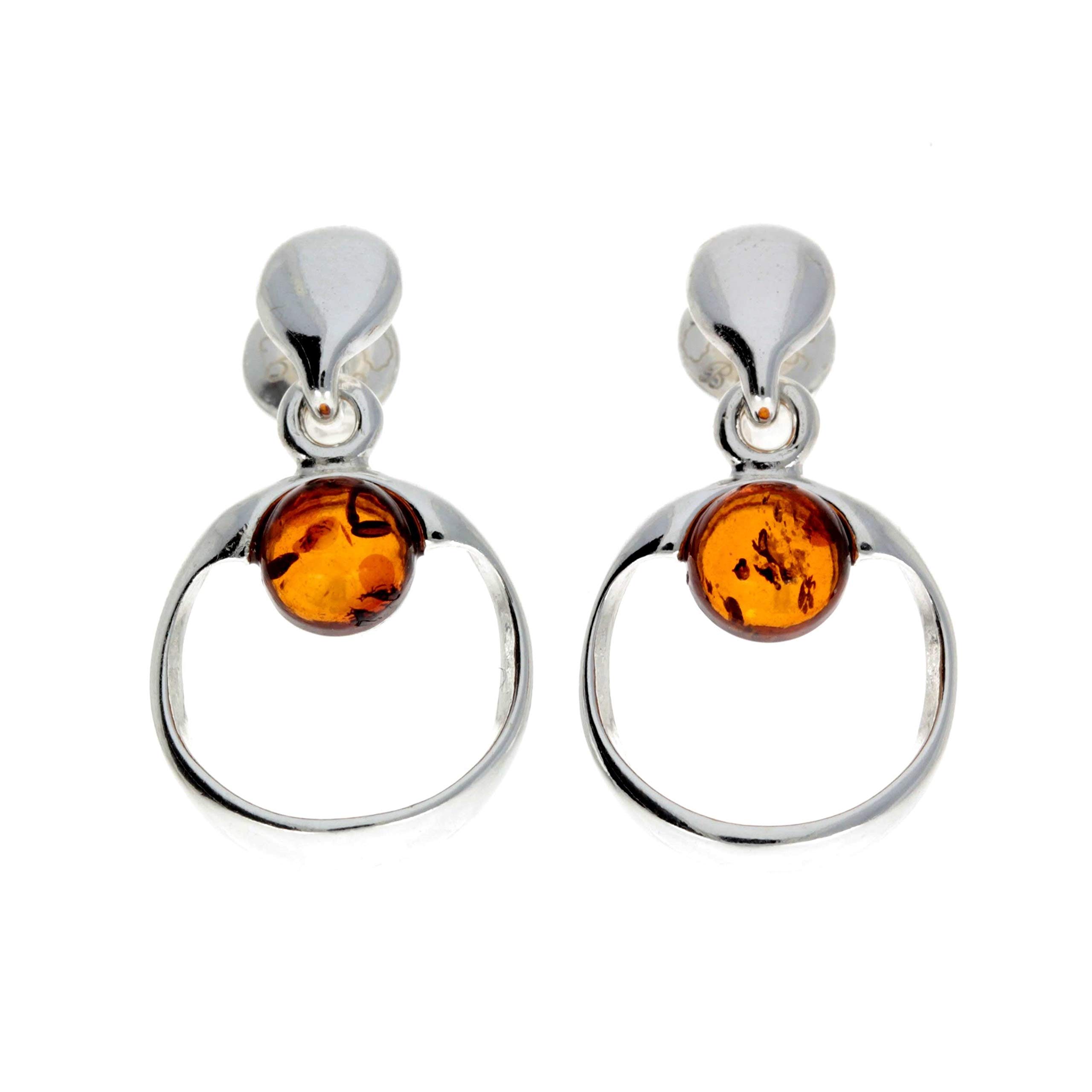 Modern Genuine Round Baltic Cognac Amber and 925 Sterling Silver Studs Drop Earrings GL165C