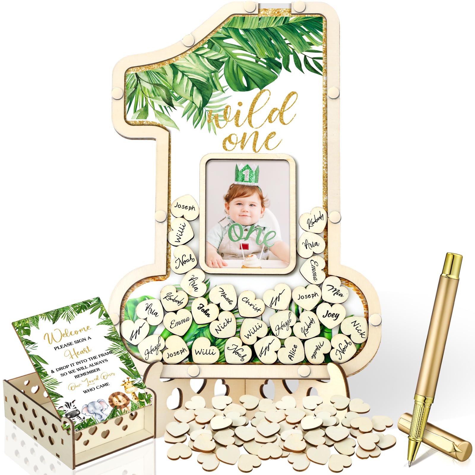 Photo 1 of Wenqik 33 Pcs 1st Birthday Guest Book Alternatives 1st Decorations First Birthday Number One Shaped Photo Frame Centerpiece Keepsake with 30 Wood Slices(Wild One)