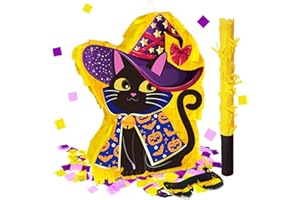 KIDEPOCH Halloween Pinata Black Cat Pinata for Kids and Adults Halloween Black Cat in Witch Cloak Pinata with Stick and Blindfold for Halloween Theme Party Decoration, Cute and Spooky Halloween Party Supplies