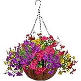 Artificial Faux Hanging Plants Flowers Basket for Spring/Summer Outside Decoration,Outdoor Flowers with Hanging Basket/Planters UV Resistant Colorful Daisy Eucalyptus for Porch Home Patio Balcony Yard