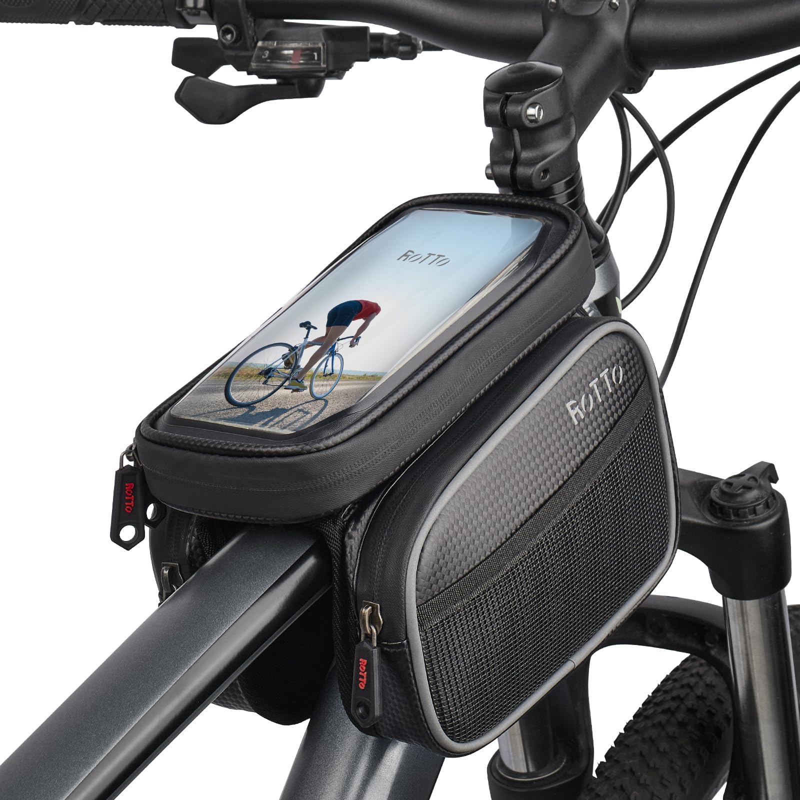 ROTTO Bike Frame Bag with 2 Side Storage Pockets Bicycle Top Tube Phone Bag with Sensitive Touch Screen