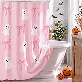 3D Pink Ghost Bow Halloween Shower Curtain for Bathroom, Tufted Jacquard | Waterproof Fabric Shower Curtain with 12 Hooks, 72 x 72 Inch, Cute Boho Bathroom Decor Set