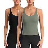 ATTRACO 2 Pack Ribbed Workout Tank Top with Built in Bra Women Seamless Cropped Racerback Yoga Tops Tight Fit