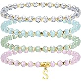 IEFWELL Valentines Gifts - Initial Bracelets for Women Girls, 4Pcs Crystal Bracelets Set Pink/Blue/White/Green Crystals Beaded Bracelet Stretch Kid Jewelry Birthday Gifts for Teen Girls Kids Toddler