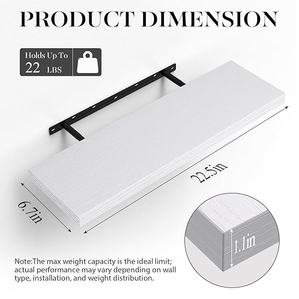 BAYKA FLOATING SHELVES WHITE, 22.5 INCHES RUSTIC WOOD WALL MOUNTED SHELVES FOR BATHROOM, BEDROOM, LIVING ROOM, KITCHEN & OFFICE, HANGING DISPLAY SHELF WITH 22 LBS CAPACITY
