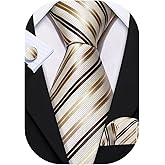 Barry.Wang Tie Sets for Men Silk Stripe Necktie Woven Checkered Handkerchief Cufflinks Formal Business Wedding