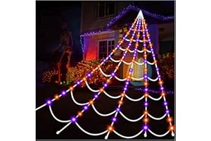 AITBAY Halloween Decorations Outdoor Spiders Web Lights: 150 Purple & Orange LED Light Decor, 17.4Ft Giant Spiderweb with 8 Lighting Modes Waterproof & Timer, Yard Spider Web Decoration