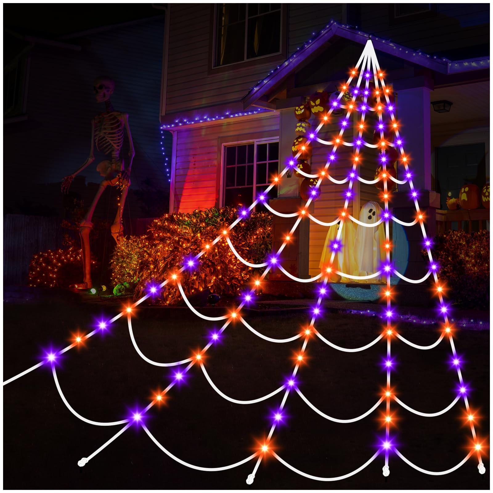 Photo 1 of Halloween Decorations Outdoor Spiders Web Lights: 150 Purple & Orange LED Light Decor, 17.4Ft Giant Spiderweb with 8 Lighting Modes Waterproof & Timer, Yard Spider Web Decoration