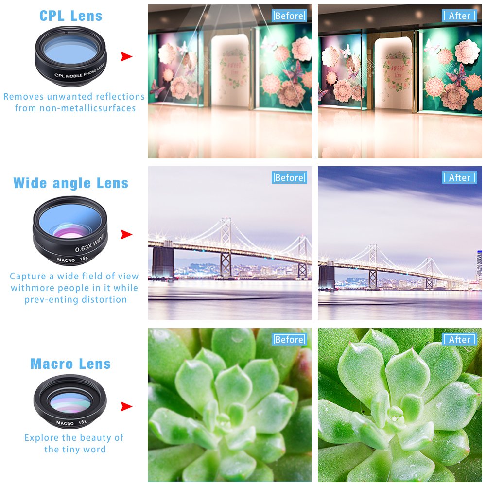 Phone Lens Kit, JoyGeek Universal 10-in-1 Camera Lens Kit 198° Fisheye, Wide & Macro Detachable Lens, 2x Telephoto, Kaleidoscope 3/6, Flow/4-Line Star/Radial Filter/CPL Clip-on Lens for Most of Smart Phones and Tablets