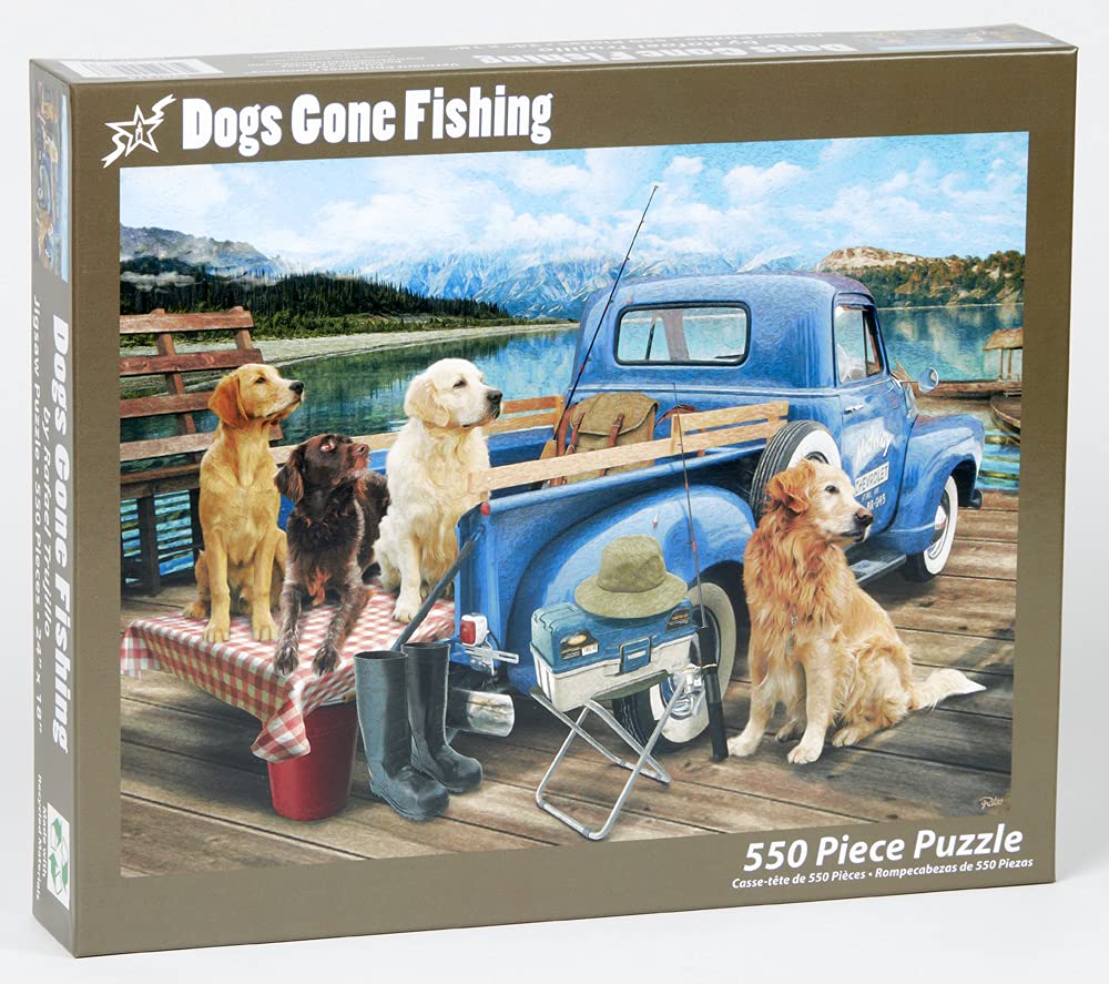 Vermont Christmas Company Dogs Gone Fishing Jigsaw Puzzle - 550 Piece Dog Puzzle for Adults & Families - Cute Puzzles of Dogs with Durable, Fully Interlocking & Randomly Shaped Pieces (24