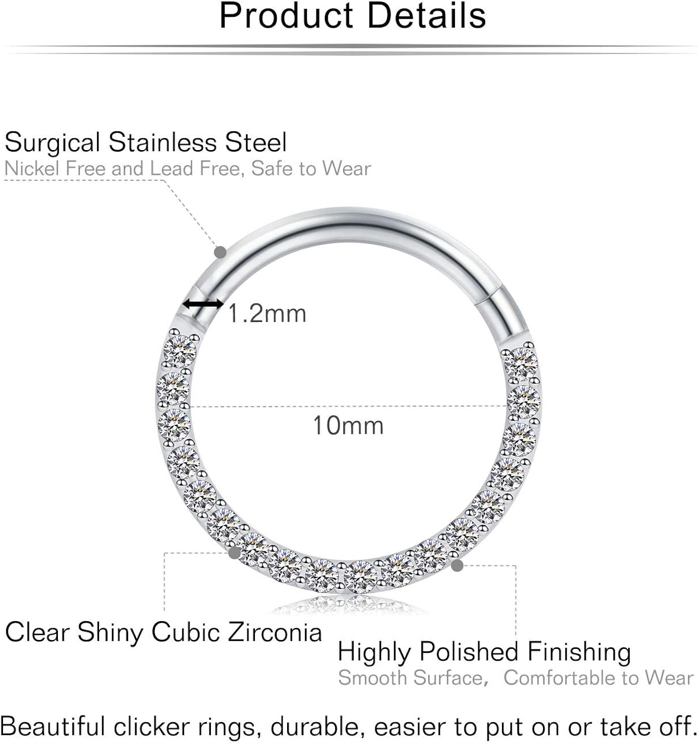 Mayhoop 16G Diamond Helix Hoop Ring, Surgical Stainless Steel Septum Clicker for Daith Tragus Piercing - Image 3