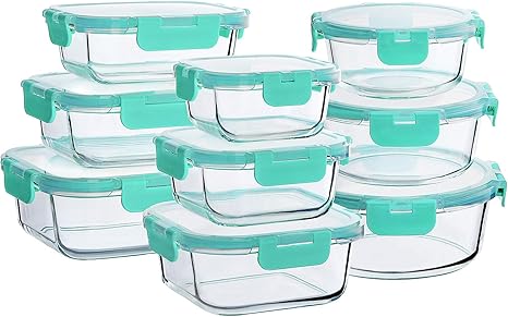 Bayco Glass Food Storage Containers with Lids, [24 Piece] Glass Meal Prep Containers, Airtight Glass Bento Boxes, BPA Free & Leak Proof (12 lids & 12 Containers) – Blue