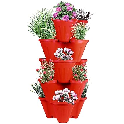 Fing Garden Stacking Flower Pot Tower Plastic Garden Planter Vegetable Flower Strawberry Pot Indoor/Outdoor 5 Tier Gardening Tower for Grow Fresh Herbs - Multi Color ( 5 pcs )