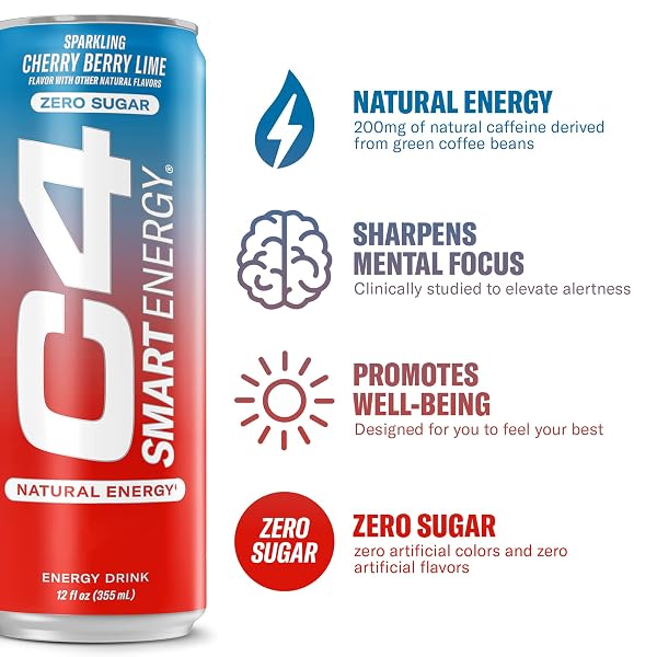 CELLUCOR C4 SMART ENERGY DRINK – BOOST FOCUS AND ENERGY WITH ZERO SUGAR, NATURAL ENERGY, AND NOOTROPICS – 200MG CAFFEINE – CHERRY BERRY LIME (12OZ PACK OF 12)