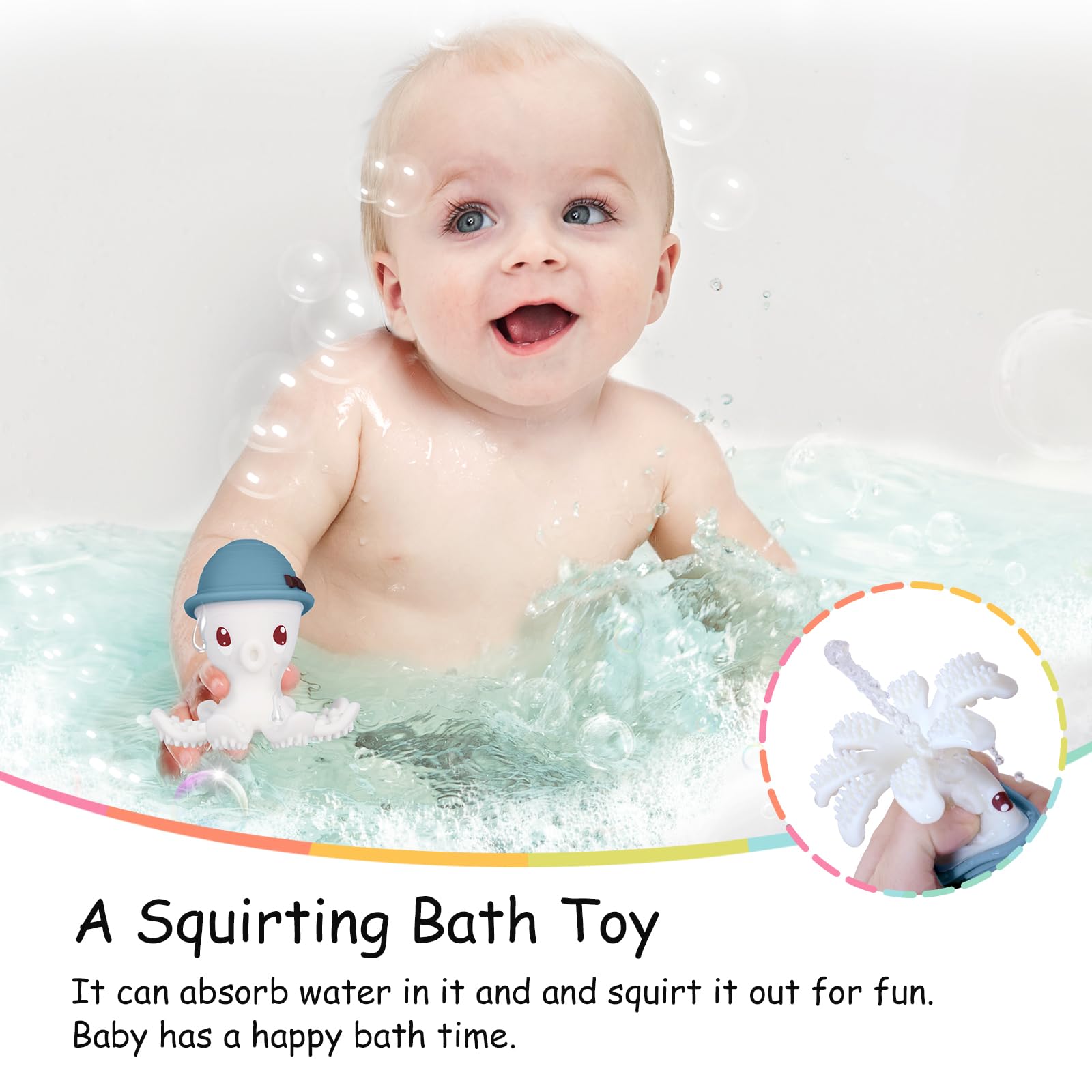 Mombella Octopus Teethers for Babies 3 Months+, Soft Silicone Infant Teething Toys, Functional Baby Chew Toys to Soothe Sore Gums, BPA Free, Sky Blue